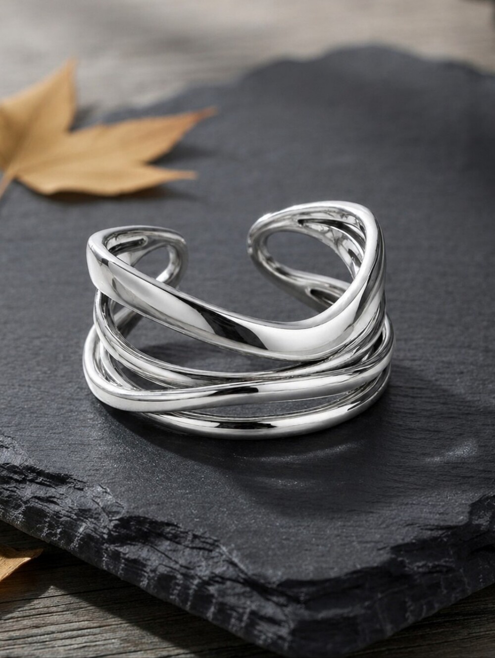 925 Sterling Silver Sculptural Crossover Wave Ring Layered Multi Band Adj 6-9